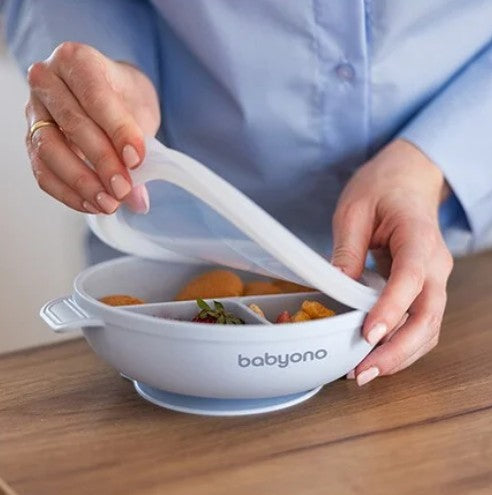 BabyOno Πιάτο σιλικόνης με 3 θέσεις, καπάκι & βάση με βεντούζα - Μπλε