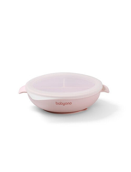 BabyOno Πιάτο σιλικόνης με 3 θέσεις, καπάκι & βάση με βεντούζα - Ροζ