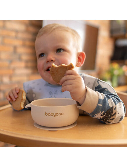 BabyOno: Μπολάκι σιλικόνης με λαβές, καπάκι & βάση με βεντούζα - Μπεζ