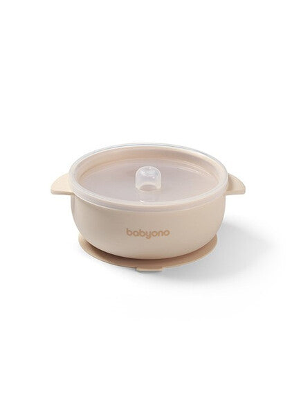 BabyOno: Μπολάκι σιλικόνης με λαβές, καπάκι & βάση με βεντούζα - Μπεζ