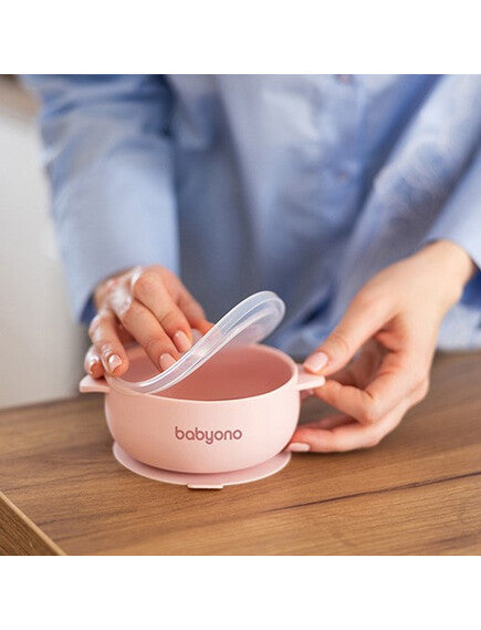 BabyOno: Μπολάκι σιλικόνης με λαβές, καπάκι & βάση με βεντούζα - Ροζ