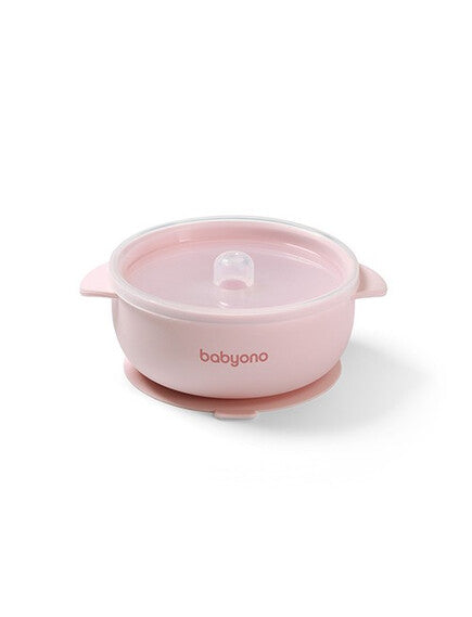BabyOno: Μπολάκι σιλικόνης με λαβές, καπάκι & βάση με βεντούζα - Ροζ