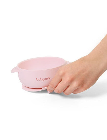 BabyOno: Μπολάκι σιλικόνης με λαβές, καπάκι & βάση με βεντούζα - Ροζ